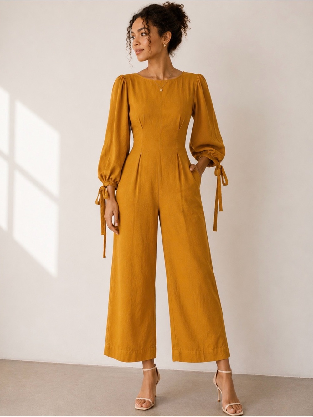 Urban Outfitters Mustard Yellow Linen Pleated Balloon Sleeve Jumpsuit - Picture 1 of 5